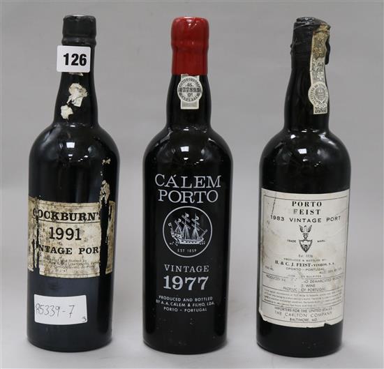 Three bottles of Vintage Port: Calem 1977, Cockburn 1991 and Feist 1983